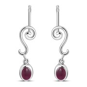 Swirling Ethnic Dangling Drop Stud Silver Earrings w/ Garnet Stone - e166